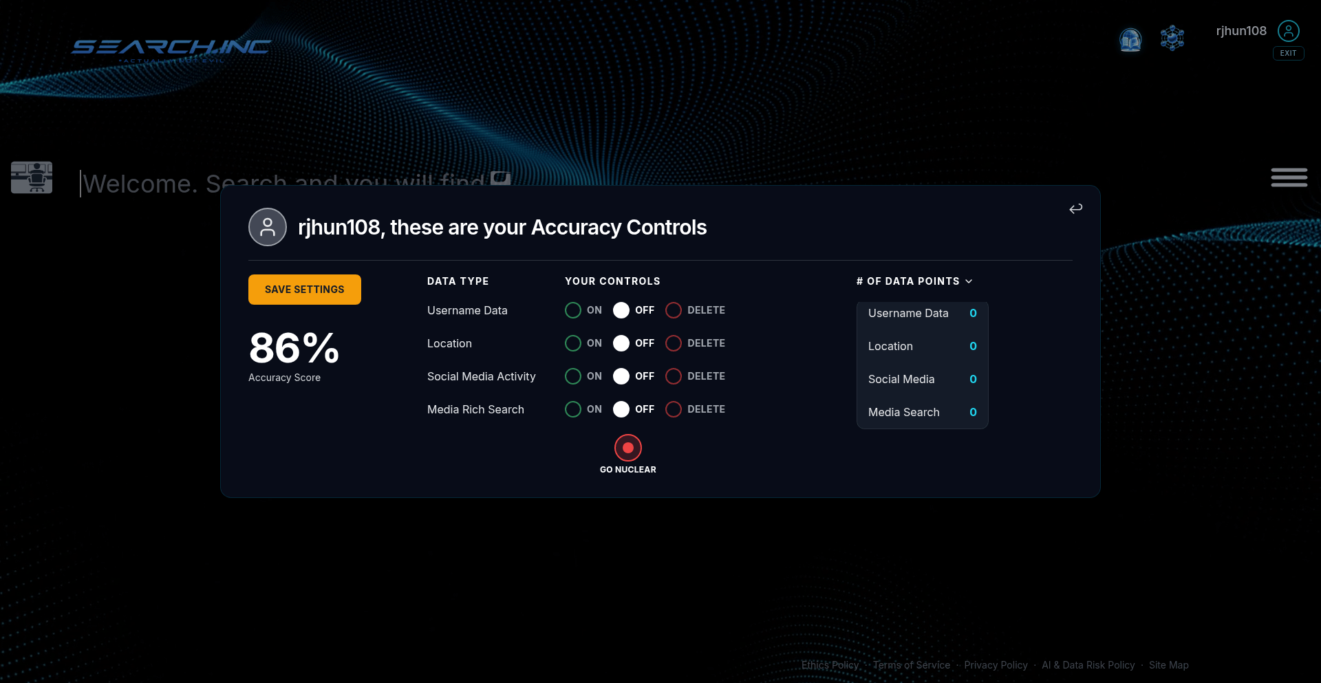 Search.inc Accuracy Controls — turn username, location, social, and media data on, off, or delete, with an accuracy score