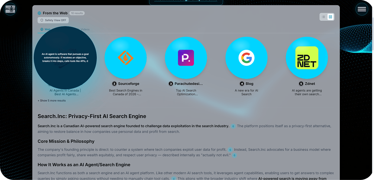 Search.inc privacy-first AI search results with source summaries and a cited overview of the product