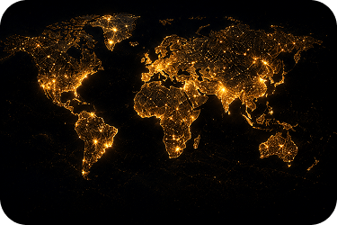 Geo-political uncertainty and sovereignty — world map at night illuminated by connected city lights