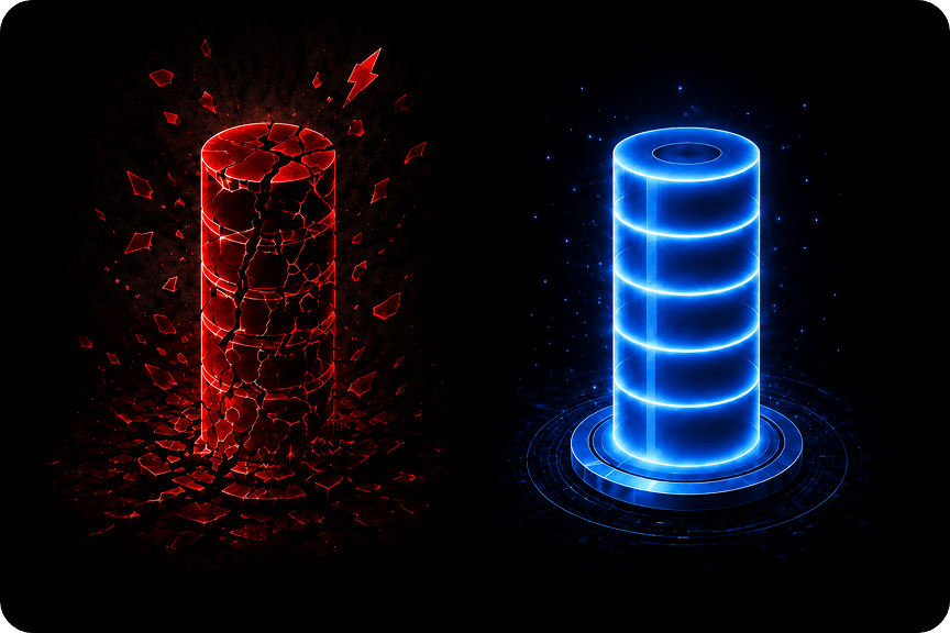Old ad-driven search versus Search.inc — a shattered red pillar beside an intact glowing blue pillar