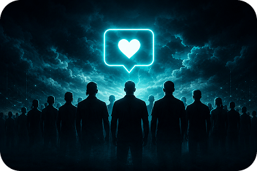 Public trust erosion — silhouetted crowd facing a glowing heart in a speech bubble