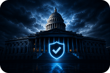 Regulatory changes — capitol building at night with a glowing shield and checkmark