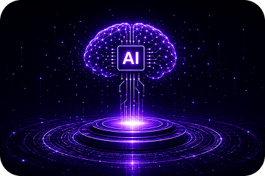 Technology shift — glowing neural brain with an AI processor at its center